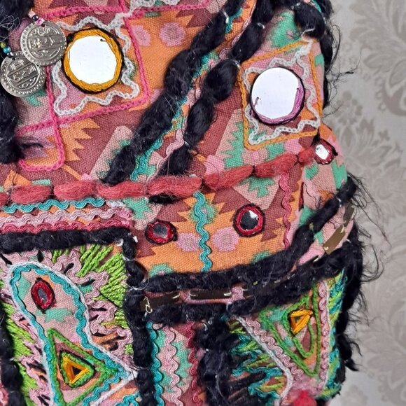 Sondra Roberts Large Orange Shoulder Tote Bag Embroidered Mirrors Coins Tassels - Picture 6 of 15